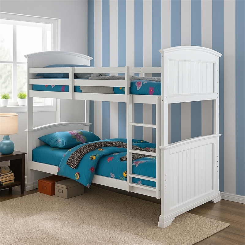 Rexo Twin over Full Bunk Bed with Ladder-Plank Style Headboard-White