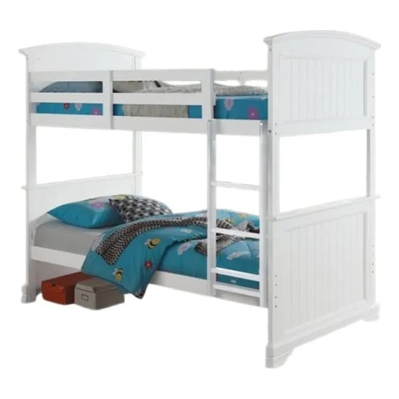 Rexo Twin over Full Bunk Bed with Ladder-Plank Style Headboard-White