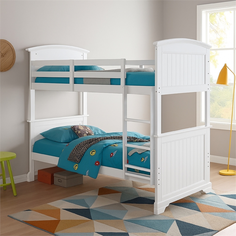 Rexo Twin over Twin Bunk Bed with Ladder-Plank Style Headboard-White