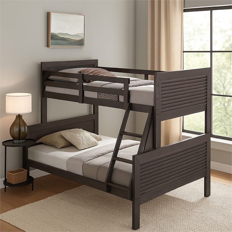 Wexo Twin over Full Bunk Bed-Charcoal Brown Slat Design and Ladder