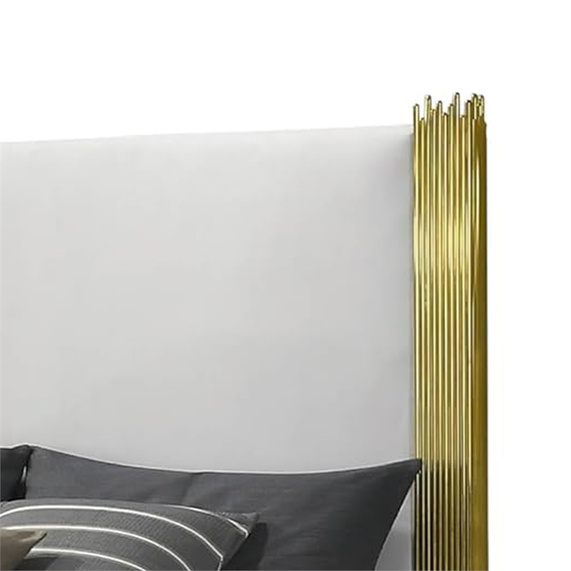 Dyl Queen Bed-Soft Foam Upholstered-White Fabric-Gold Accent Posts