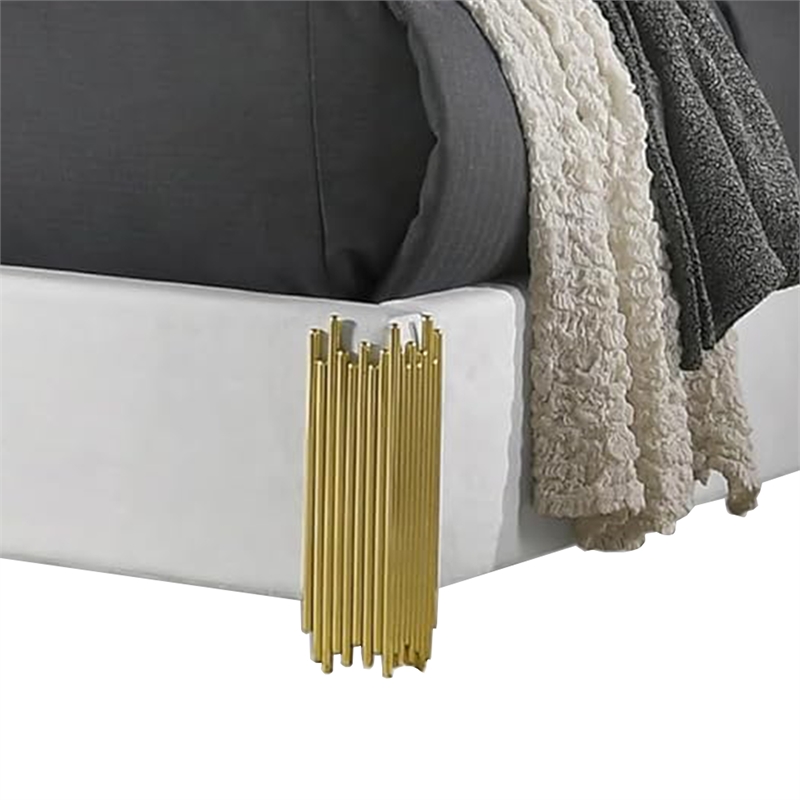 Dyl Queen Bed-Soft Foam Upholstered-White Fabric-Gold Accent Posts