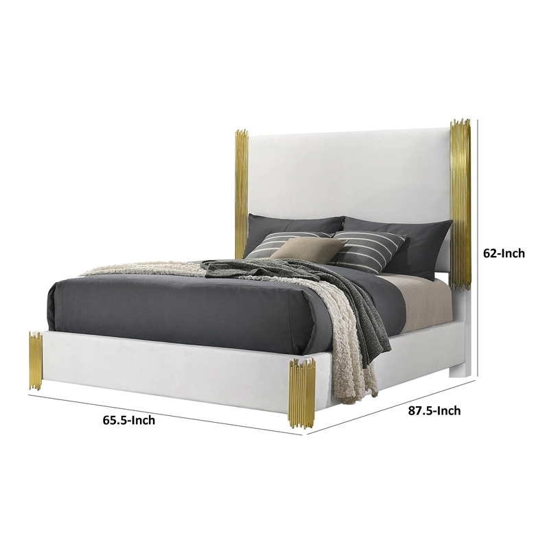 Dyl Queen Bed-Soft Foam Upholstered-White Fabric-Gold Accent Posts