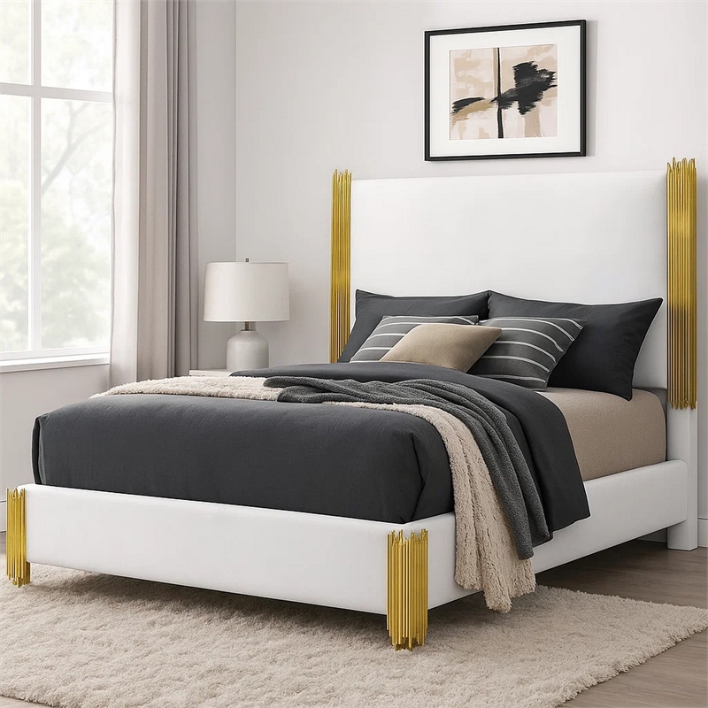Dyl Queen Bed-Soft Foam Upholstered-White Fabric-Gold Accent Posts