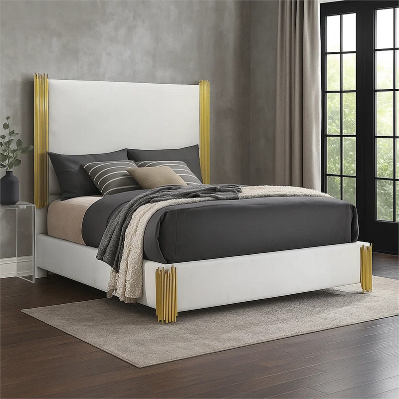 Dyl Queen Bed-Soft Foam Upholstered-White Fabric-Gold Accent Posts