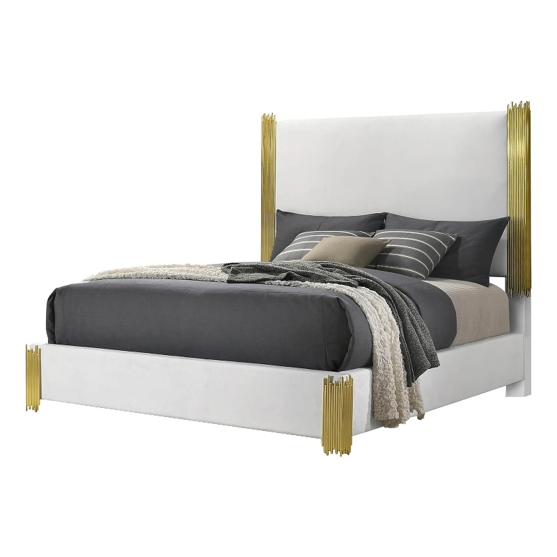 Dyl Queen Bed-Soft Foam Upholstered-White Fabric-Gold Accent Posts