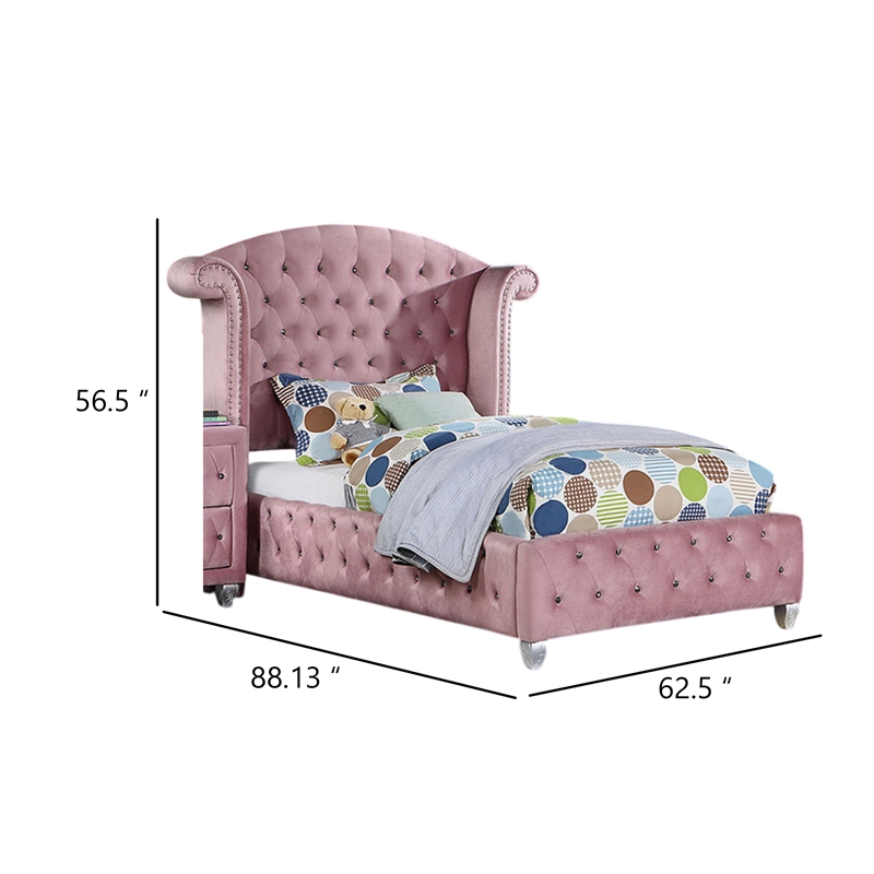 Zoha Twin Size Bed w Wingback Tufted Headboard-Cabriole Legs-Pink