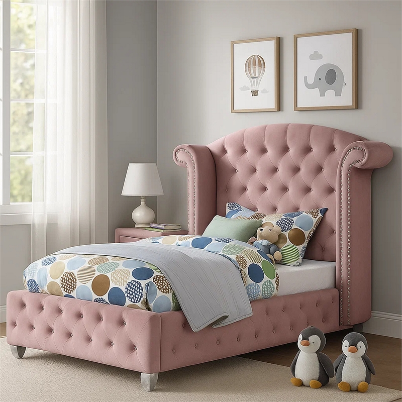 Zoha Twin Size Bed w Wingback Tufted Headboard-Cabriole Legs-Pink