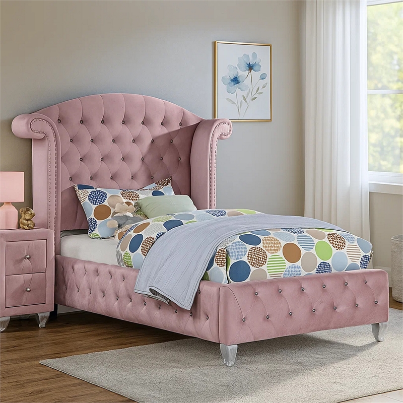 Zoha Twin Size Bed w Wingback Tufted Headboard-Cabriole Legs-Pink
