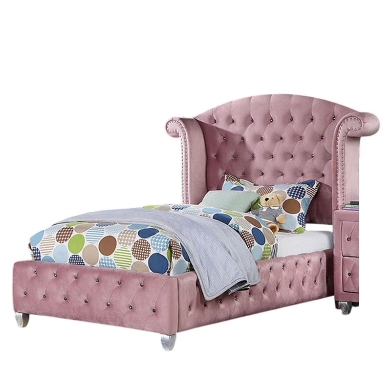 Zoha Twin Size Bed w Wingback Tufted Headboard-Cabriole Legs-Pink