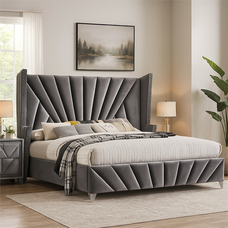 Ino Queen Size Bed w Wingback Headboard-Gray Fabric Upholstery
