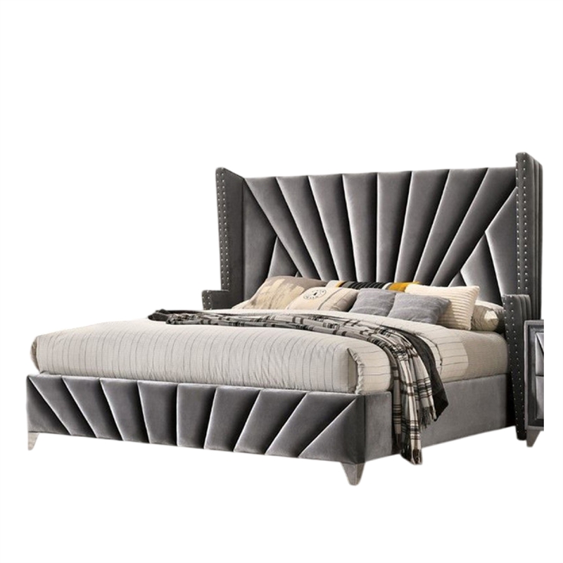 Ino Queen Size Bed w Wingback Headboard-Gray Fabric Upholstery