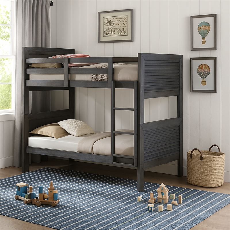 Wexo Twin over Twin Bunk Bed-Charcoal Brown Slat Design and Ladder
