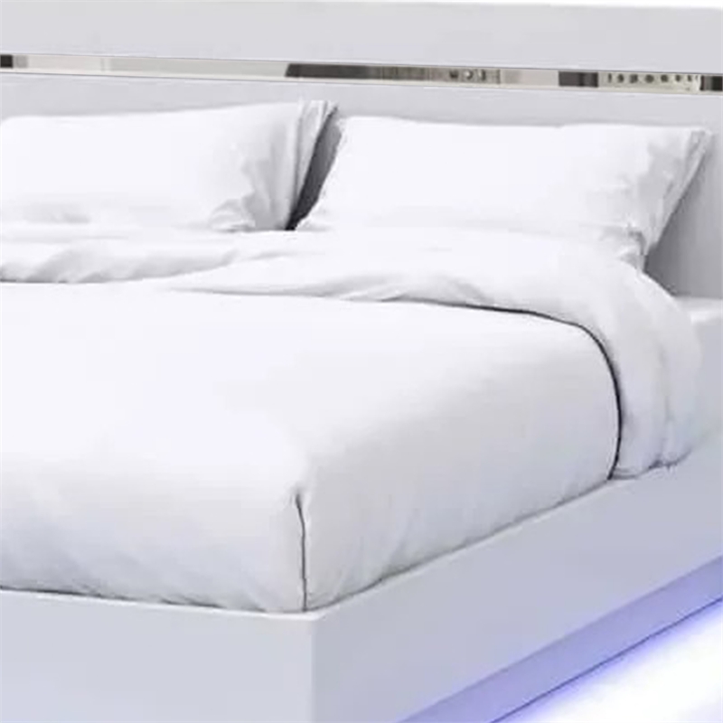 Pero Queen Size Bed-Chrome Accent Headboard-White LED Footboard