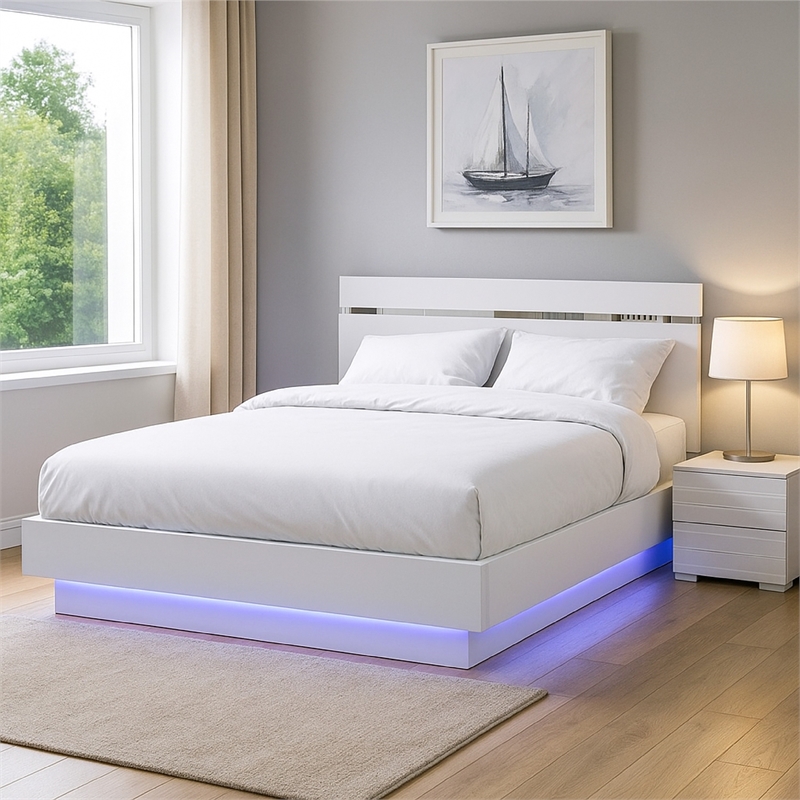 Pero Queen Size Bed-Chrome Accent Headboard-White LED Footboard