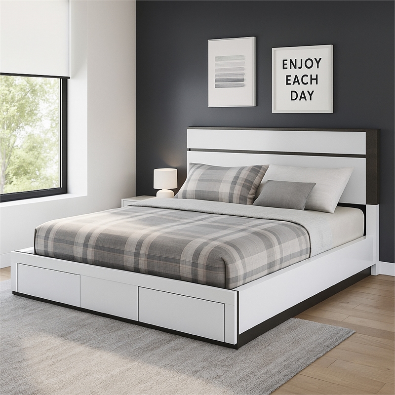 Kena King Size Bed-White Gray Panel Headboard-Footboard Storage Drawers