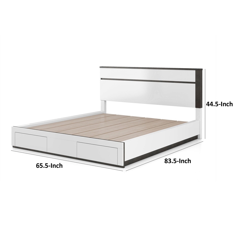 Kena Queen Size Bed-White Gray Panel Headboard-Footboard Storage Drawers