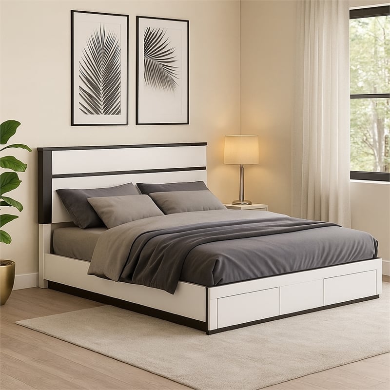 Kena Queen Size Bed-White Gray Panel Headboard-Footboard Storage Drawers