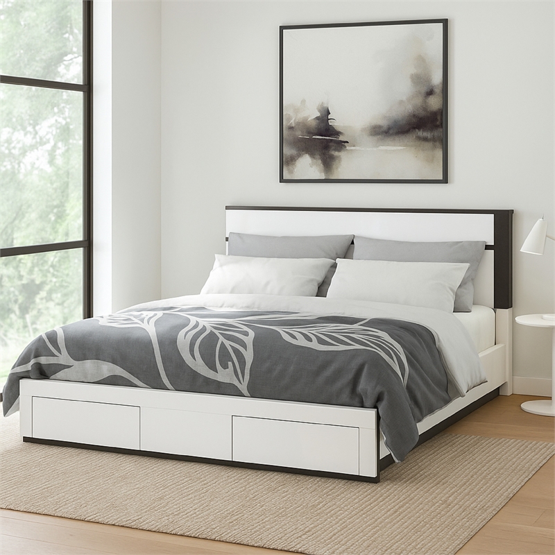 Kena King Size Bed-White Gray Panel Headboard-Low Profile Footboard