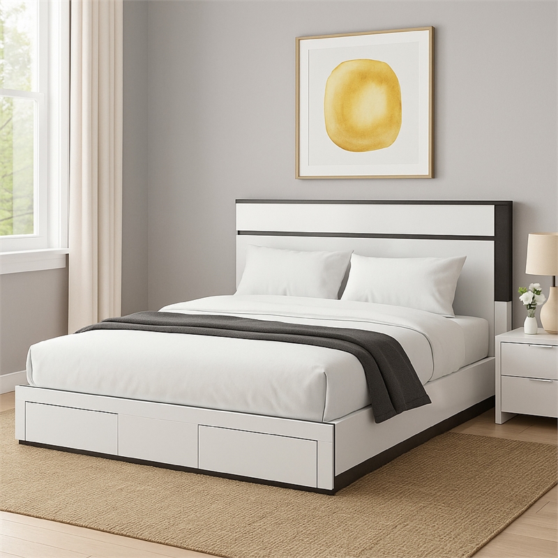 Kena Queen Size Bed-White Gray Panel Headboard-Low Profile Footboard