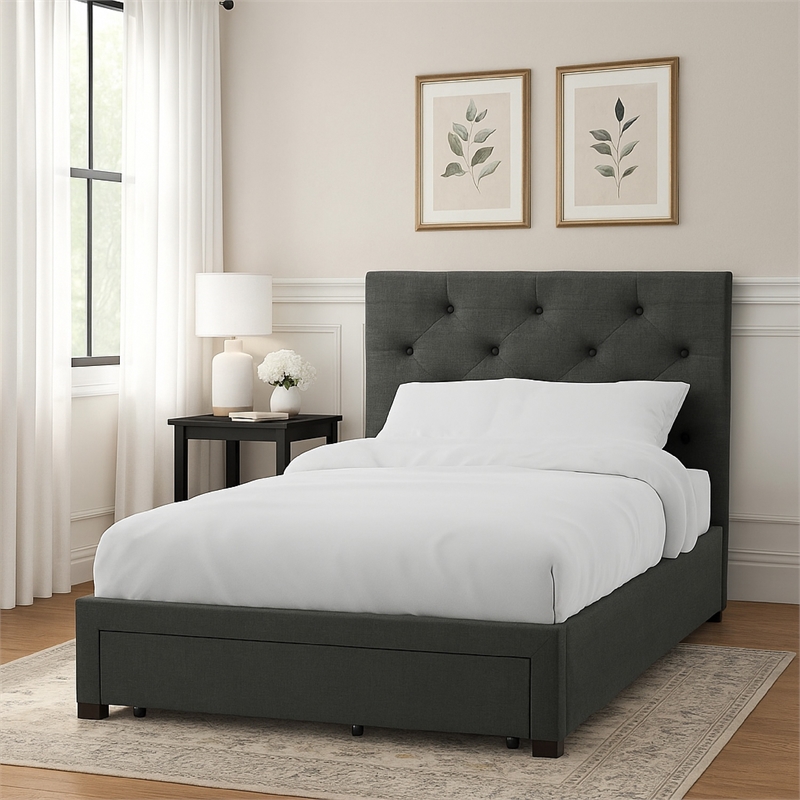 Sya Twin Size Bed w Tufted Headboard-Underbed Storage-Dark Gray