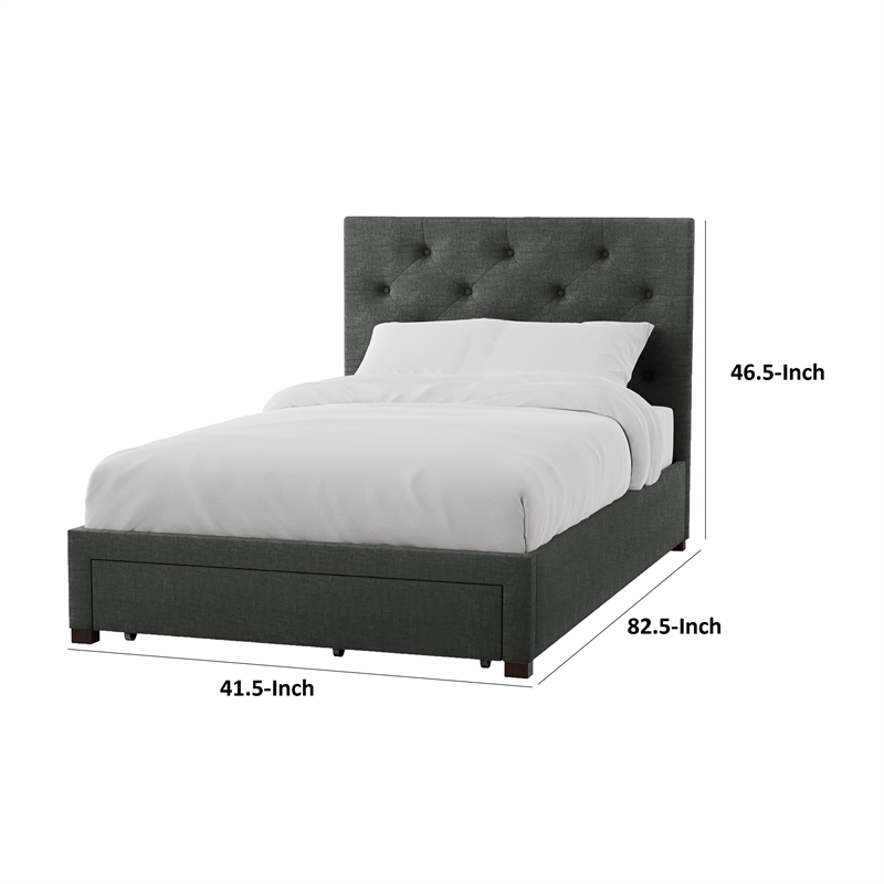 Sya Twin Size Bed w Tufted Headboard-Underbed Storage-Dark Gray