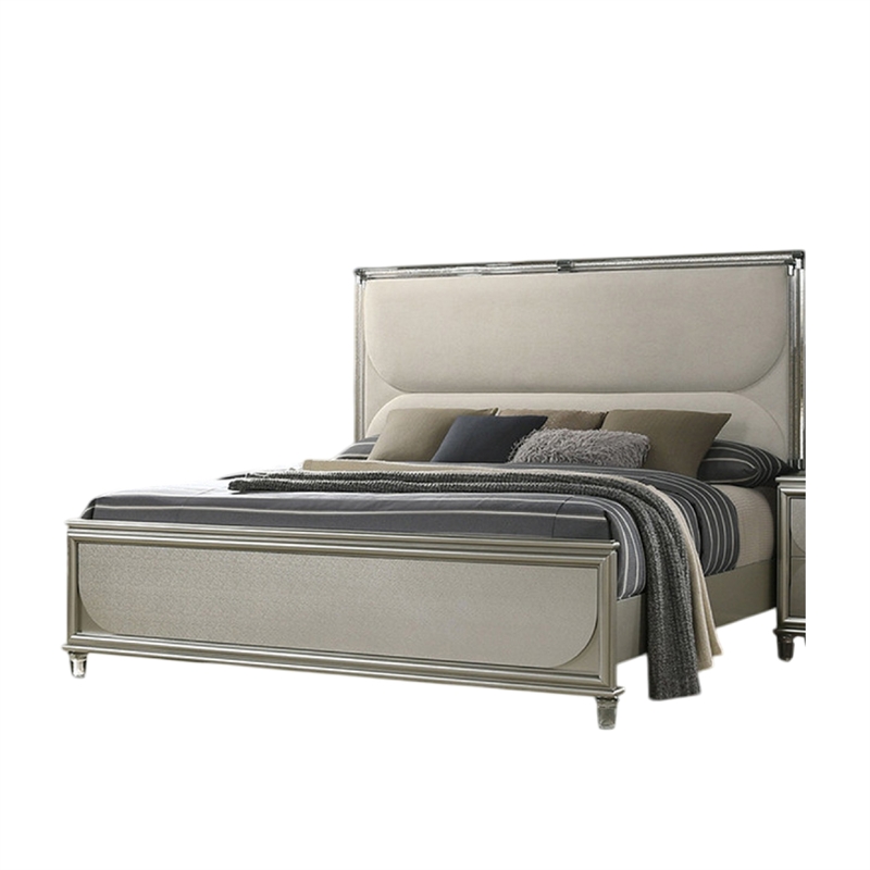 Zema Queen Bed-Upholstered Headboard w LED-Silver Wood-Acrylic Legs