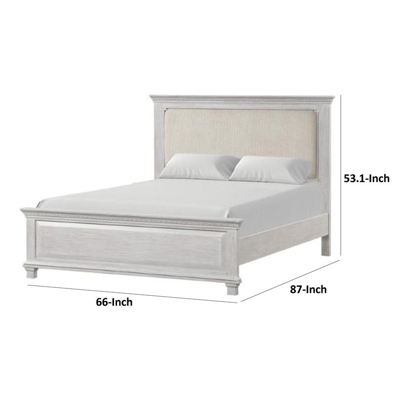 Leyne Queen Bed-Cream Upholstery-Dentil Molding Weathered Gray Wood