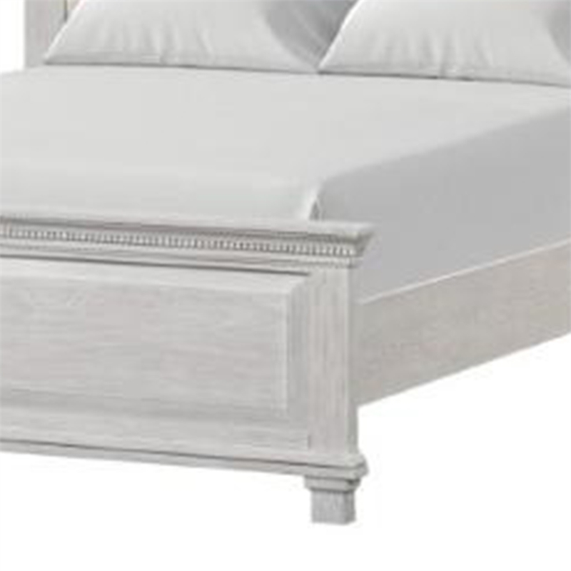 Leyne Queen Bed-Cream Upholstery-Dentil Molding Weathered Gray Wood