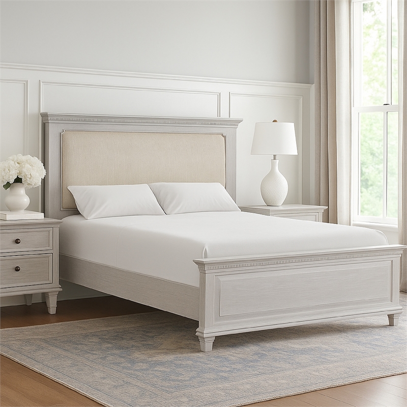 Leyne Queen Bed-Cream Upholstery-Dentil Molding Weathered Gray Wood