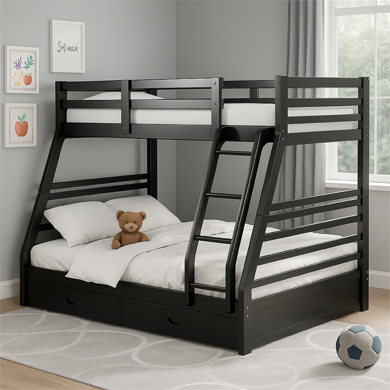 Zegy Twin over Full Bunk Bed with 2 Drawers and Attached Ladder-Black
