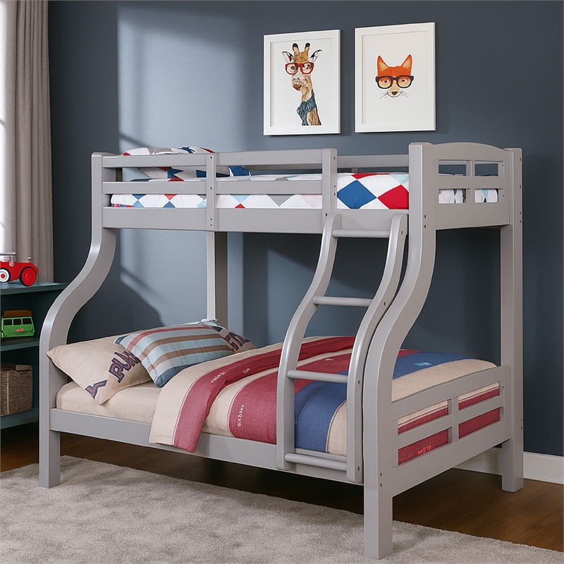 Tedy Twin over Full Bunk Bed with Curved Ladder-Guardrails-Gray