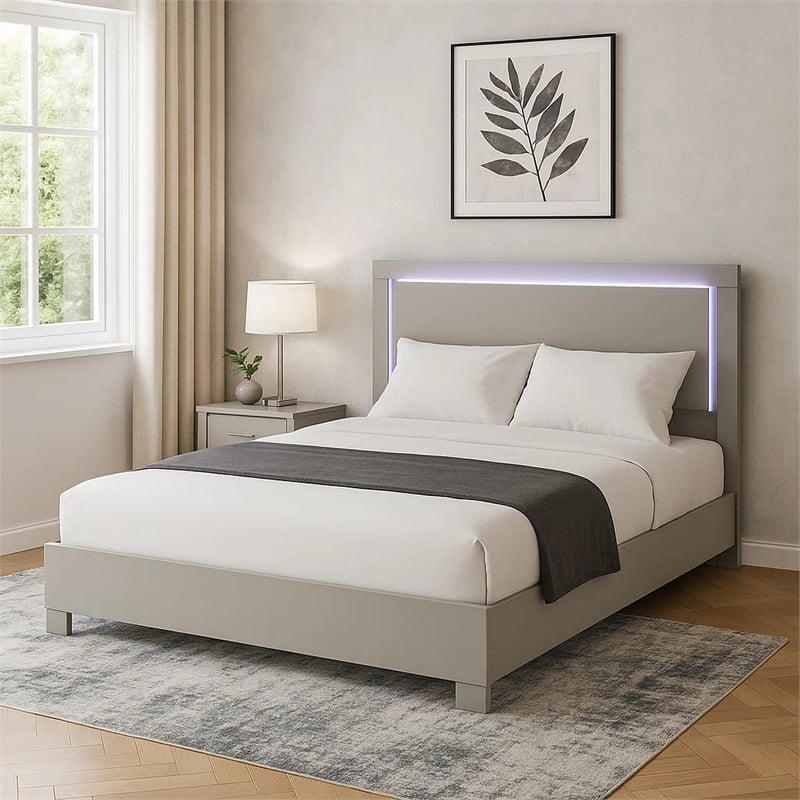 Suni King Size Bed w LED Headboard-Light Taupe Gray Wood Frame
