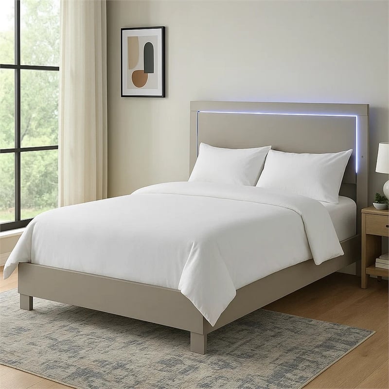 Suni King Size Bed w LED Headboard-Light Taupe Gray Wood Frame