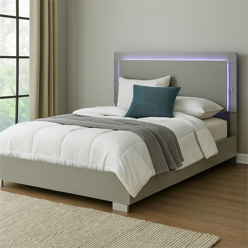 Suni Queen Size Bed w LED Headboard-Light Taupe Gray Wood Frame