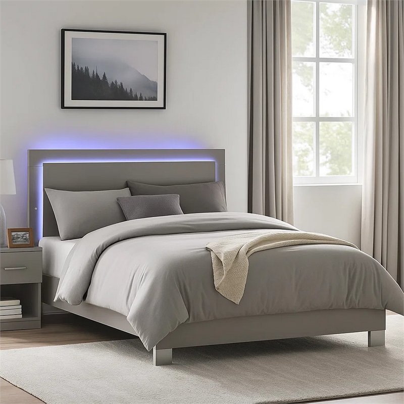 Suni Queen Size Bed w LED Headboard-Light Taupe Gray Wood Frame