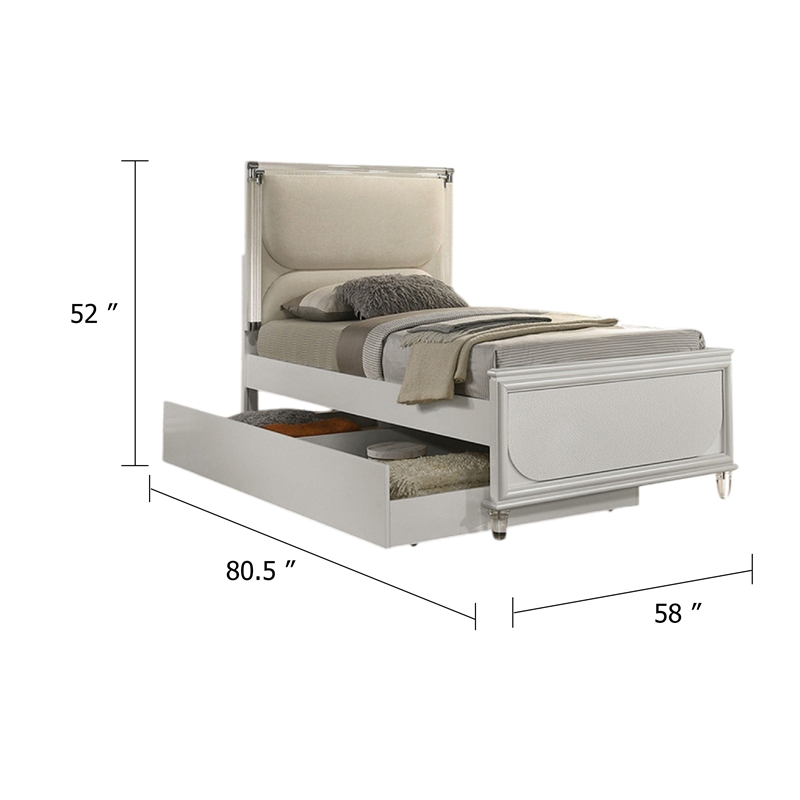 Dima Full Bed-Upholstered Headboard w LED-Pearl White-Clear Legs