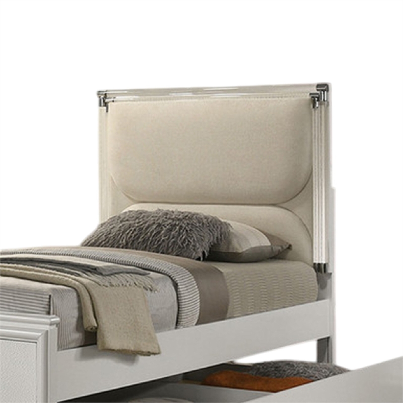 Dima Full Bed-Upholstered Headboard w LED-Pearl White-Clear Legs