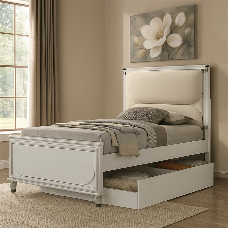 Dima Full Bed-Upholstered Headboard w LED-Pearl White-Clear Legs