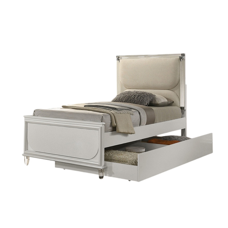 Dima Full Bed-Upholstered Headboard w LED-Pearl White-Clear Legs