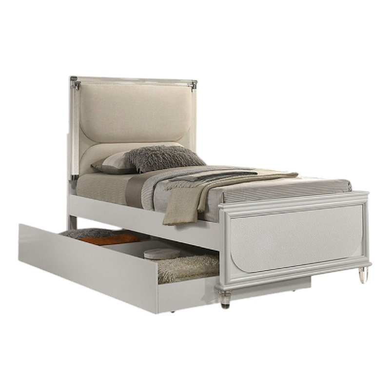 Dima Full Bed-Upholstered Headboard w LED-Pearl White-Clear Legs