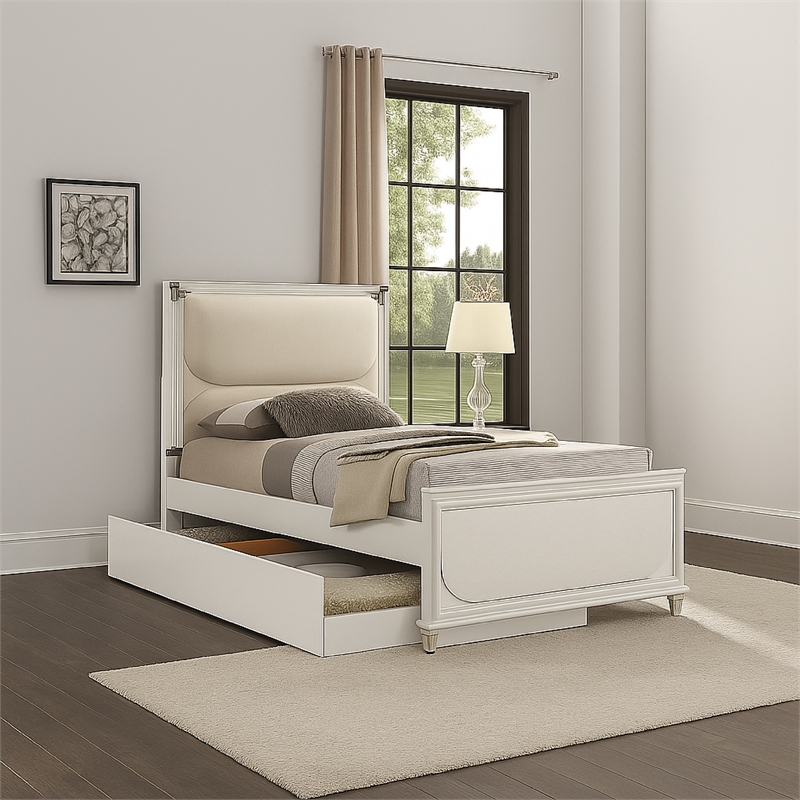 Dima Twin Bed-Upholstered Headboard w LED-Pearl White-Clear Legs