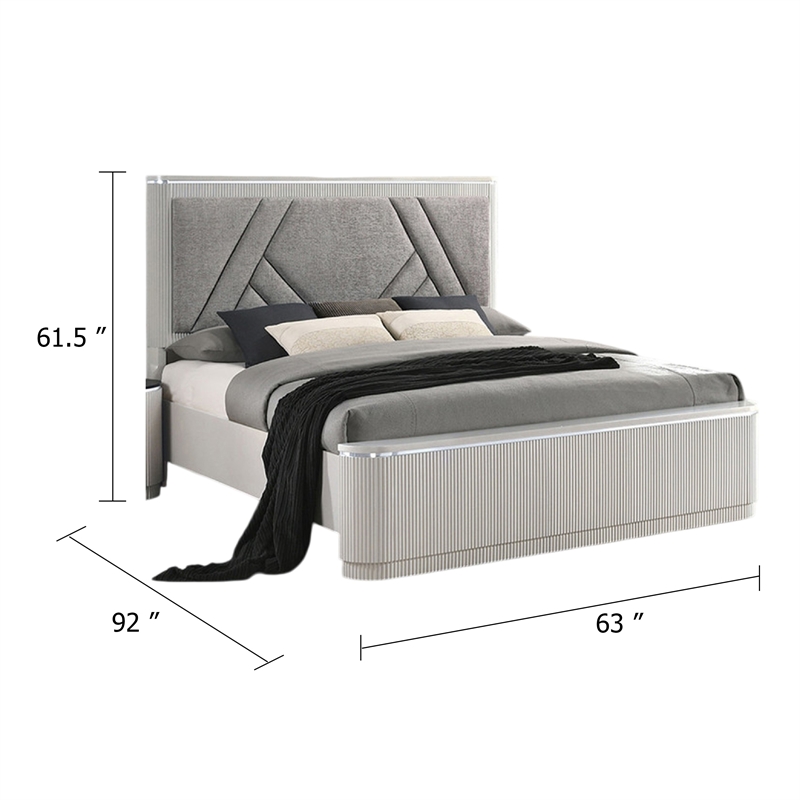 Alda Queen Bed-Upholstered Geometric Headboard-Light Gray Reeded Wood