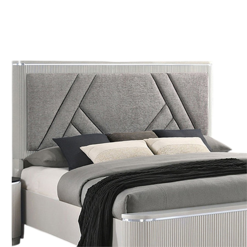 Alda Queen Bed-Upholstered Geometric Headboard-Light Gray Reeded Wood