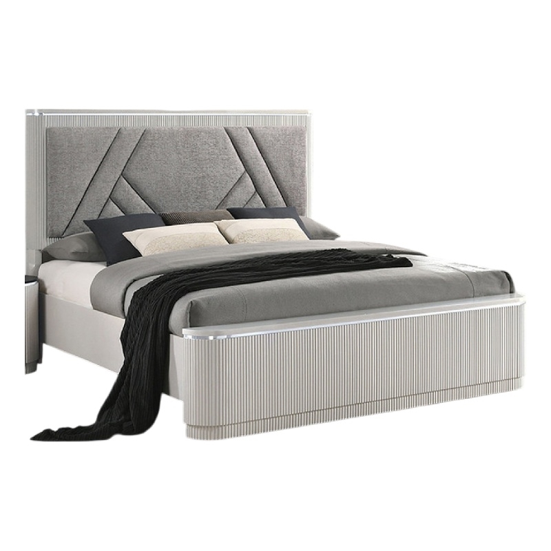 Alda Queen Bed-Upholstered Geometric Headboard-Light Gray Reeded Wood
