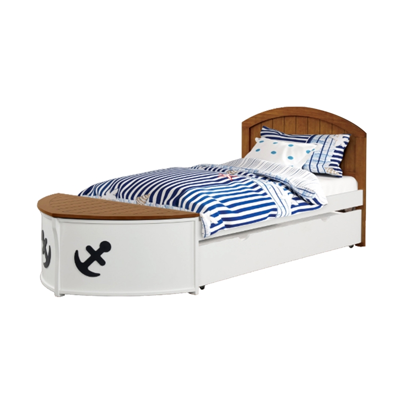 Evon Twin Captain Bed w Trundle-White-Oak Brown-Nautical Coastal Theme