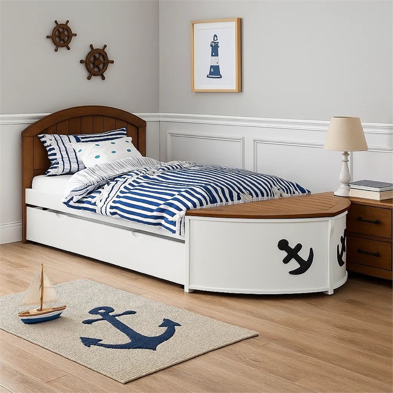 Evon Twin Captain Bed w Trundle-White-Oak Brown-Nautical Coastal Theme