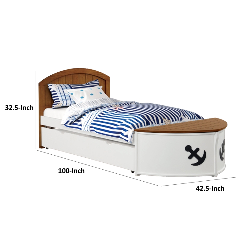 Evon Twin Captain Bed w Trundle-White-Oak Brown-Nautical Coastal Theme