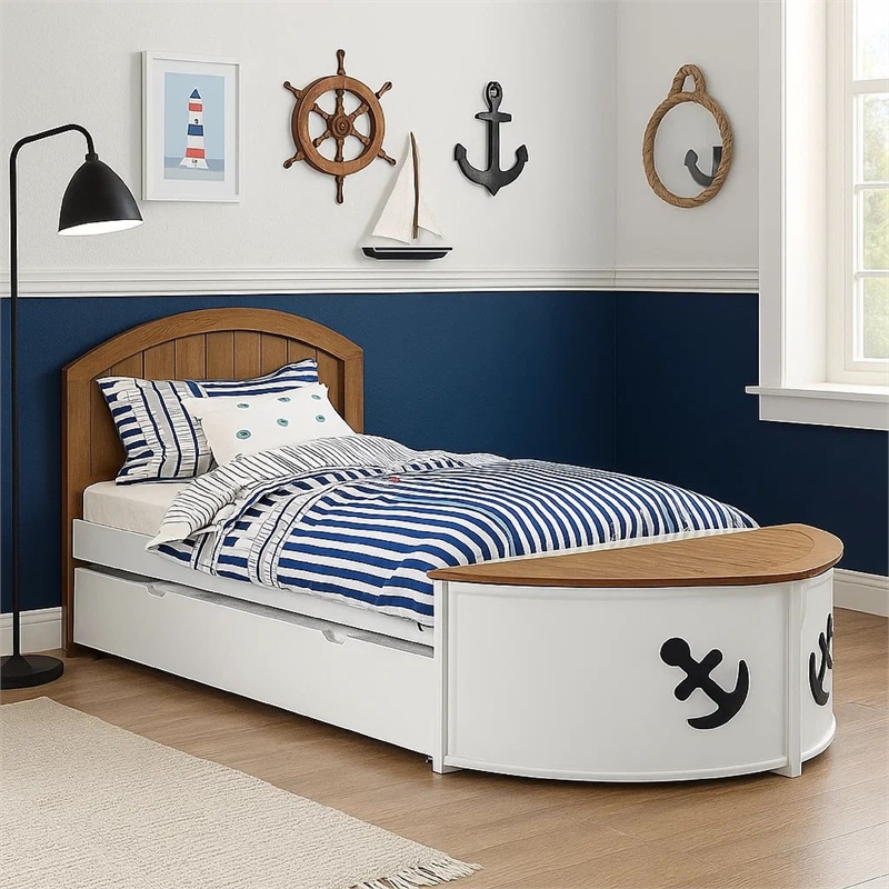 Evon Twin Captain Bed w Trundle-White-Oak Brown-Nautical Coastal Theme