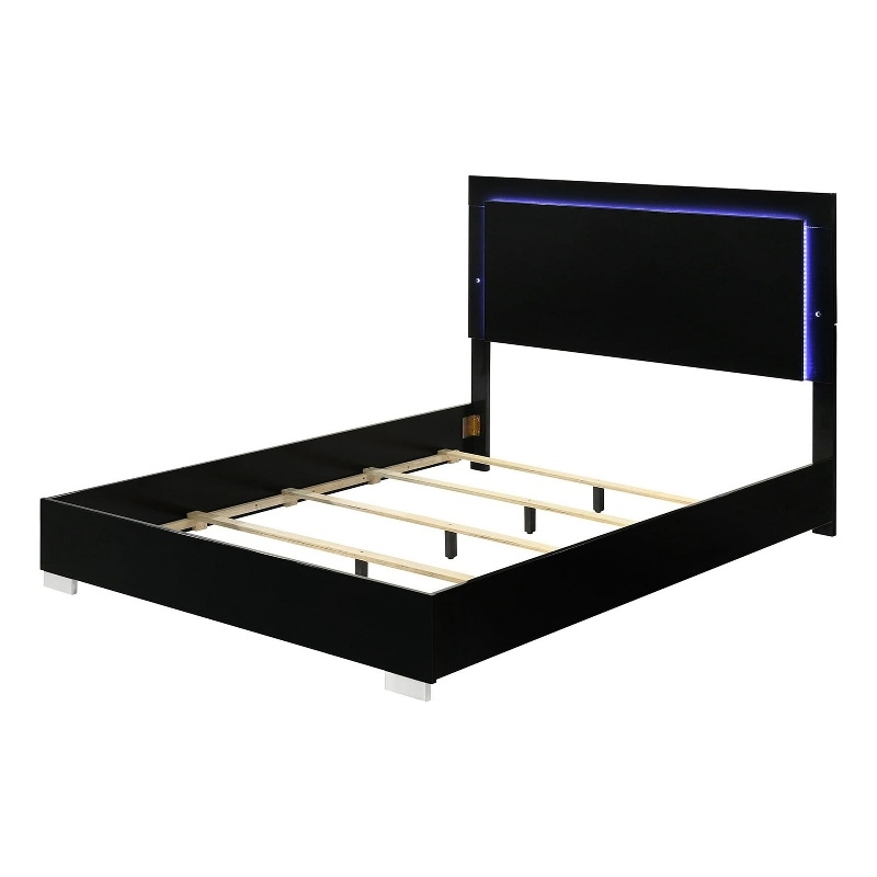 Suni Queen Size Bed w LED Headboard-Piano Black Wood Frame